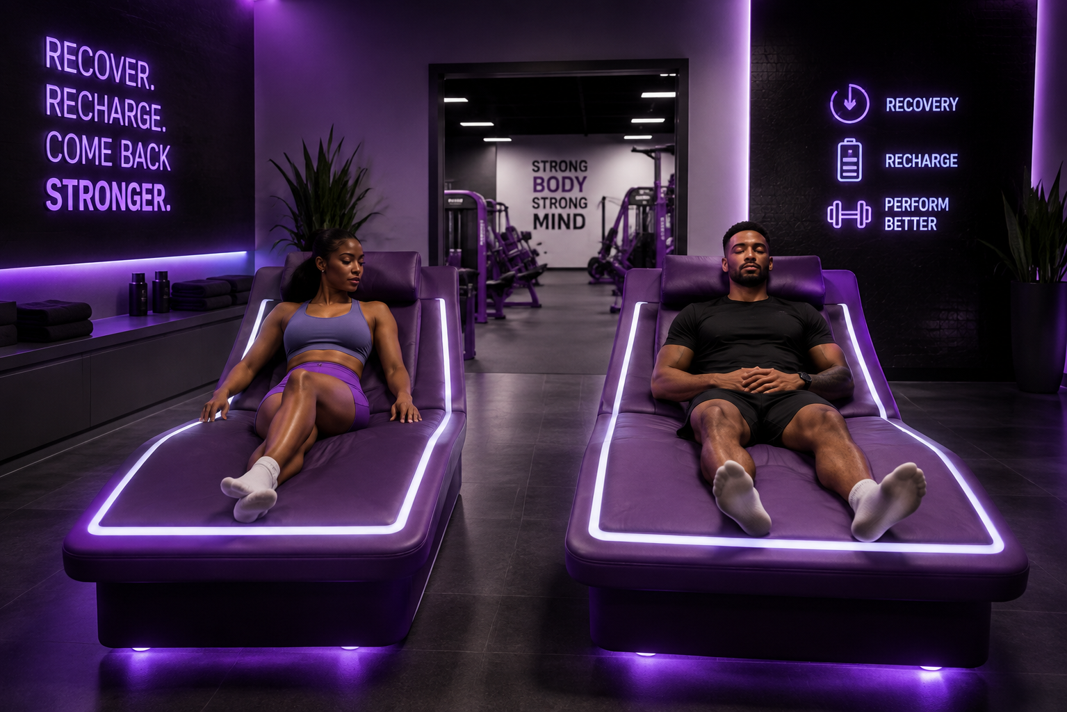 Two members resting on illuminated recovery loungers inside a premium fitness club