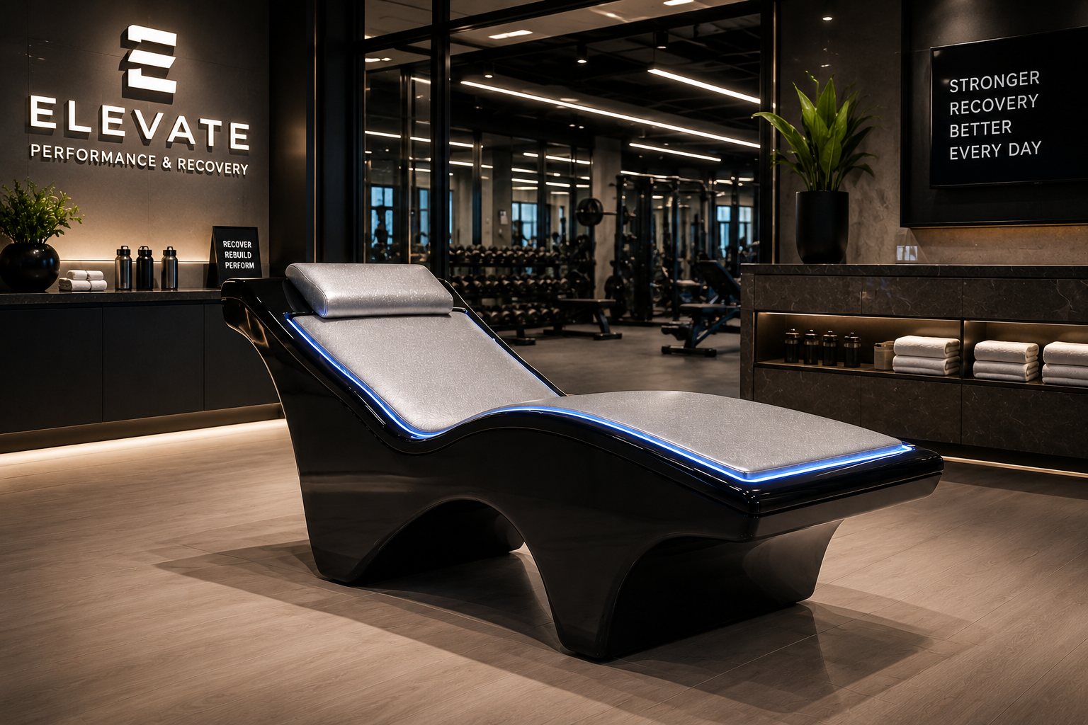 Black recovery lounger inside a high end performance gym