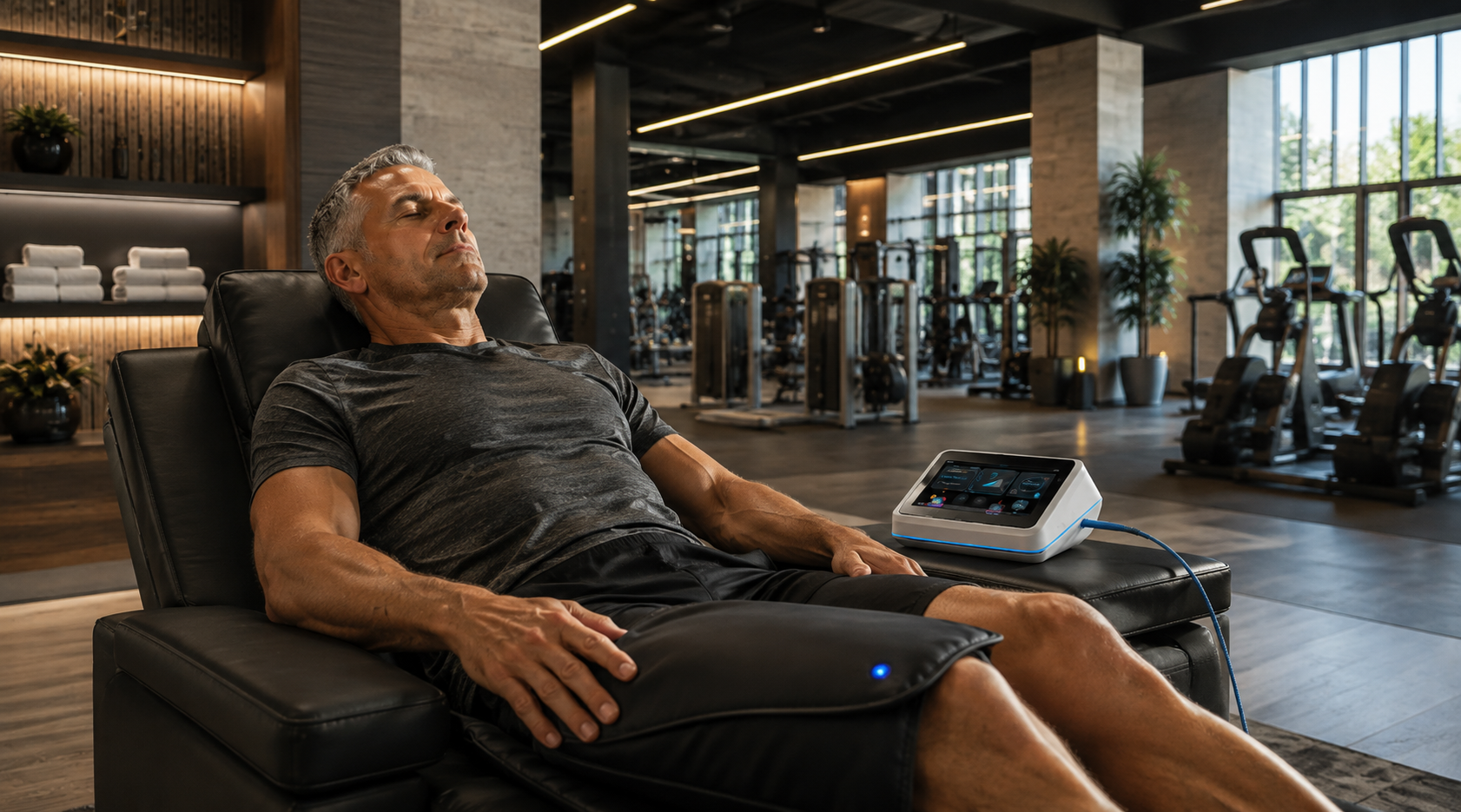 Member relaxing in a recovery chair with a control console on a premium gym floor