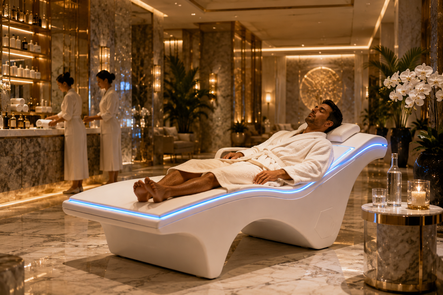 Guest resting on a VEMI platform in a gold accented luxury spa