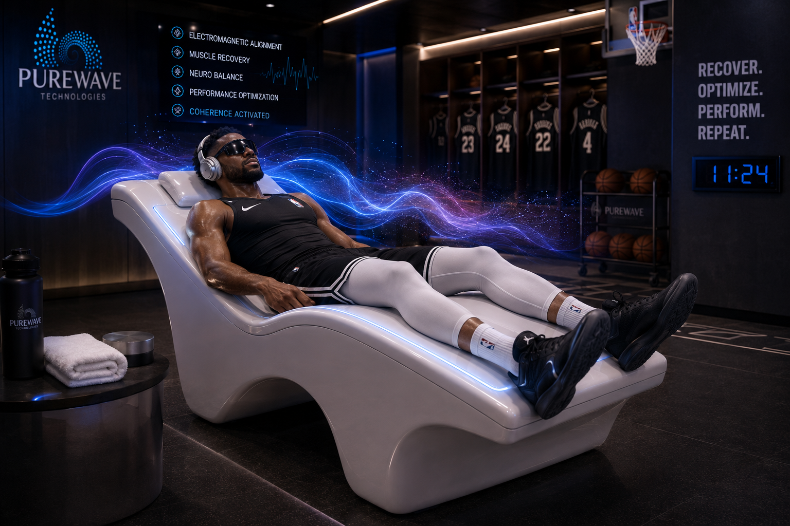 Athlete with eye cover and headphones resting on a PureWave bed