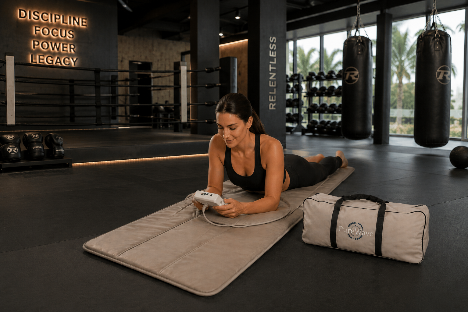 Member using a portable PureWave mat on a gym floor beside a boxing ring