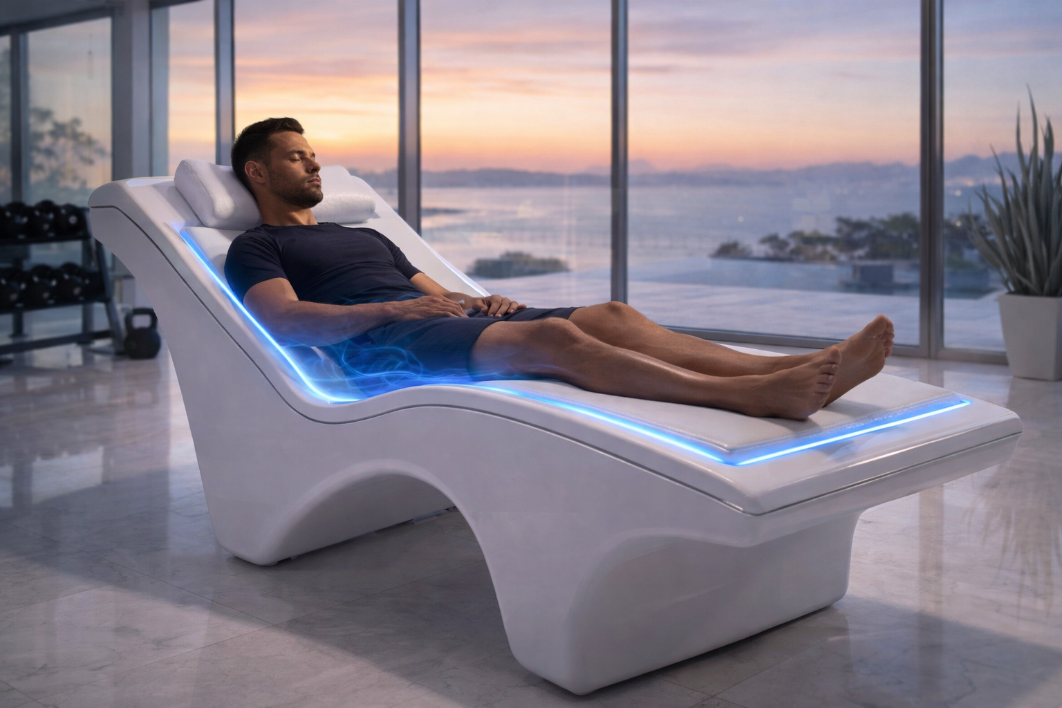 Man resting on an illuminated recovery lounger in a bright suite overlooking the water